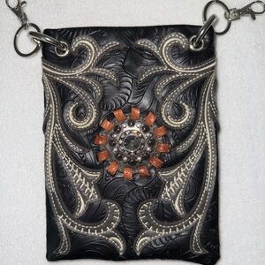 Boya Cowboy Satchel Belt Bag with Hooks, Black and Brown with Rhinestones